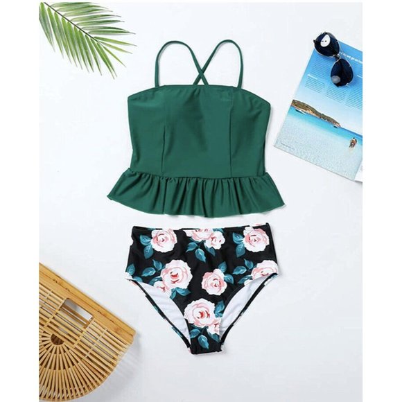 Tutorutor High Waisted Peplum Tankini Halter Swimsuit Retro Ruffle Floral M - Picture 3 of 5